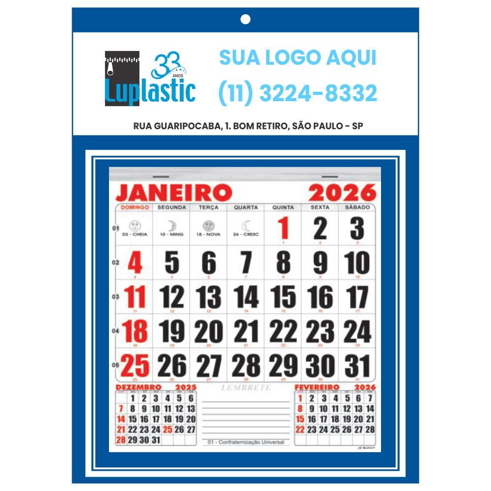 Calendário de Parede 2026 Folhinha Comercial 32x46,5 cm Com Vareta